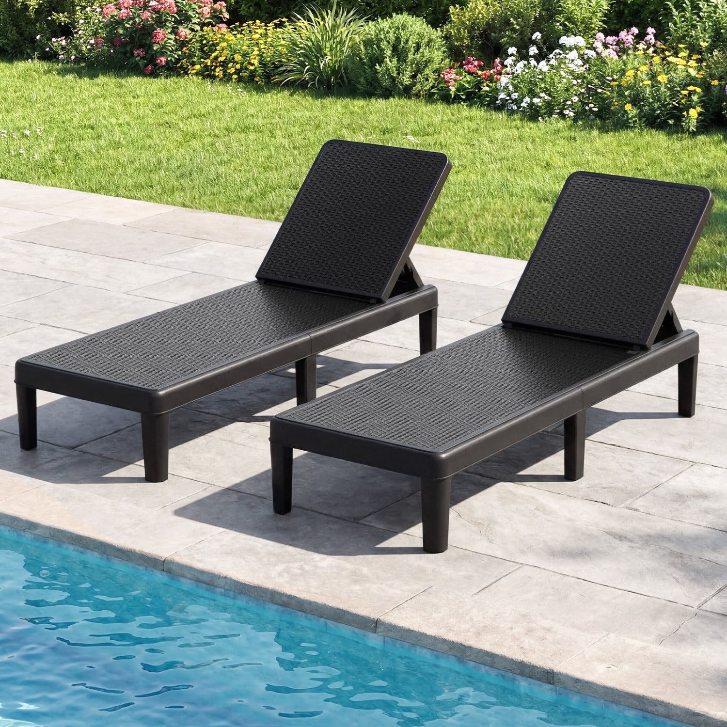 Outdoor Chaise Lounger Chair, Waterproof Rattan Textured PP, Set of 2, Black Outdoor Chaise Lounges at Gallery Canada