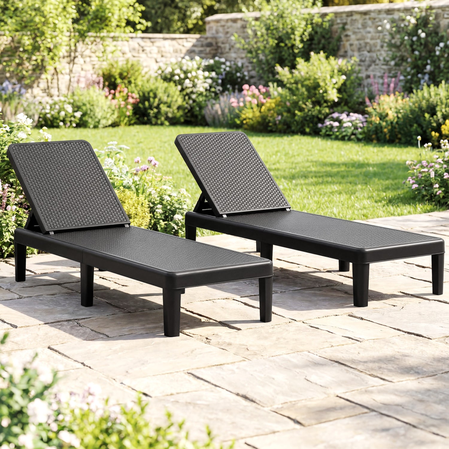 Outdoor Chaise Lounger Chair, Waterproof Rattan Textured PP, 330 lbs, Black Outdoor Chaise Lounges at Gallery Canada