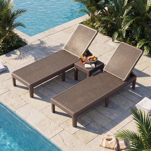 Outdoor Chaise Lounger Chair Set, Waterproof Rattan PP, Brown