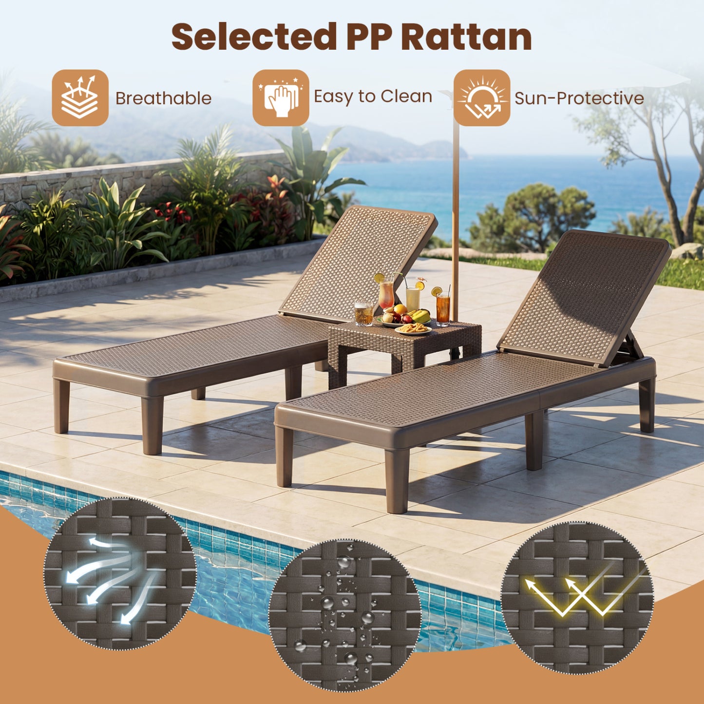 Outdoor Chaise Lounger Chair Set, Waterproof Rattan PP, Brown Outdoor Chaise Lounges at Gallery Canada