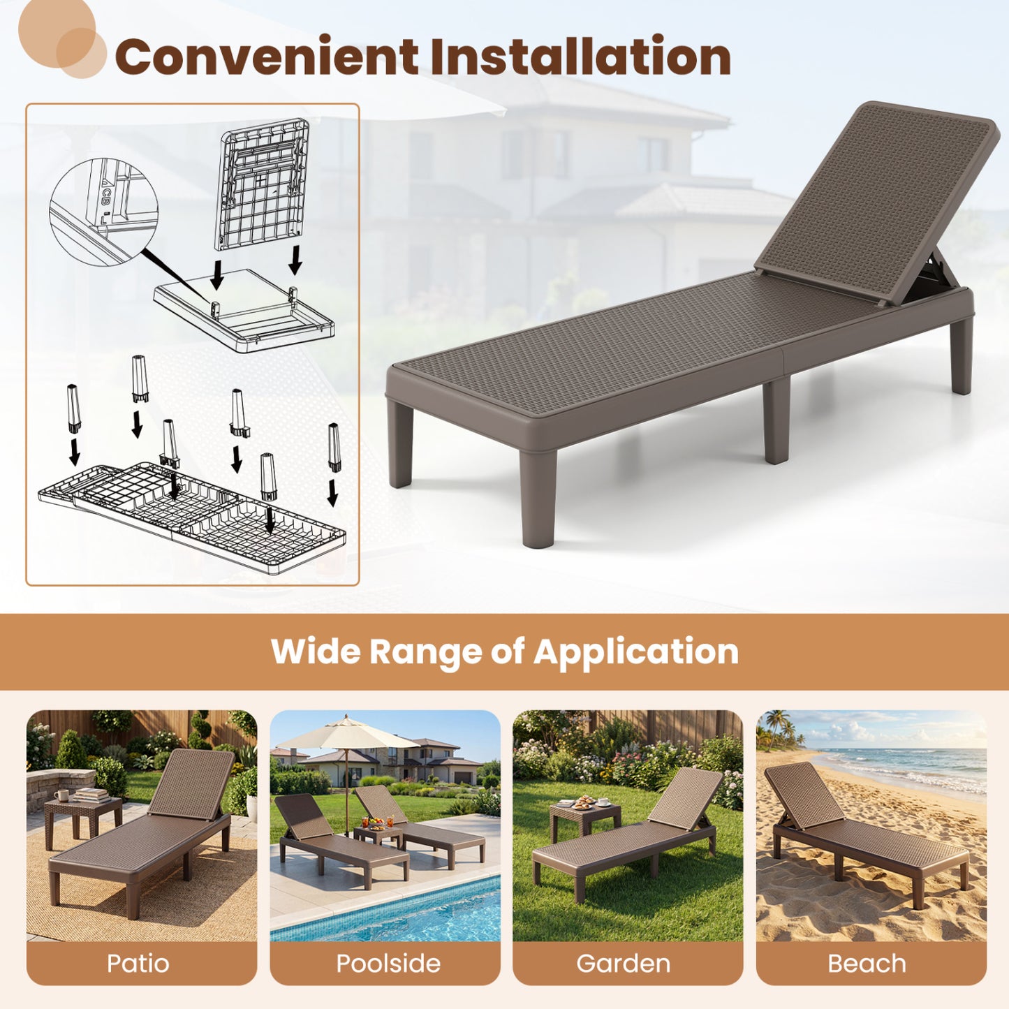 Outdoor Chaise Lounger Chair Set, Waterproof Rattan PP, Brown Outdoor Chaise Lounges at Gallery Canada
