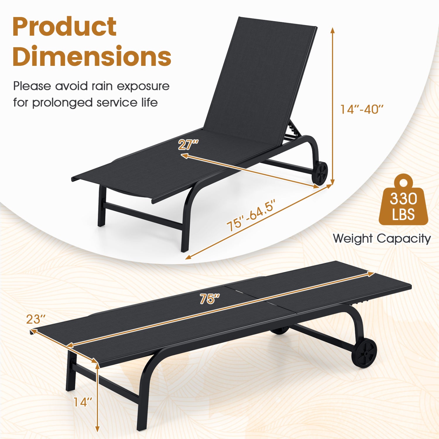 Outdoor Chaise Lounge Chair With Wheels, Metal Frame, Black Outdoor Chaise Lounges at Gallery Canada