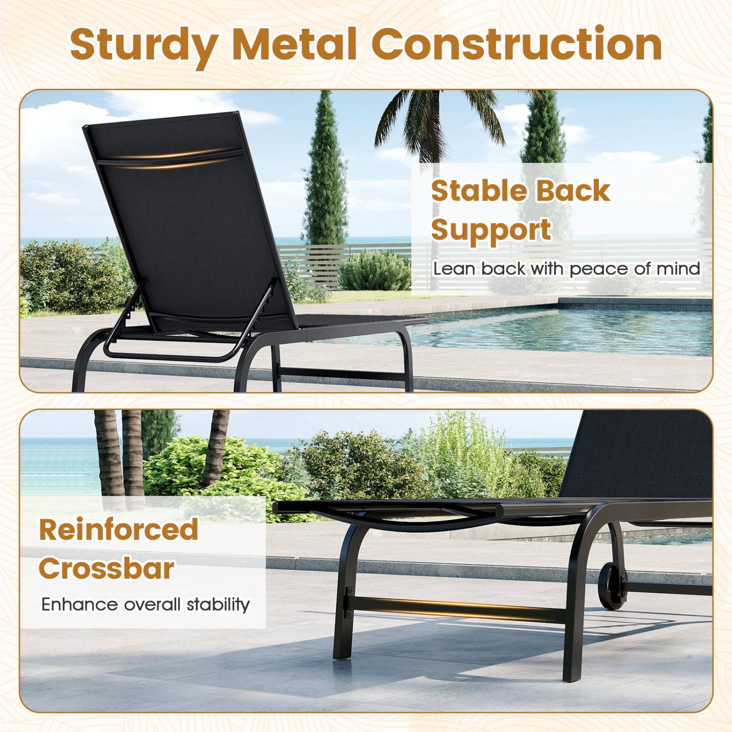 Outdoor Chaise Lounge Chair With Wheels, Metal Frame, Black Outdoor Chaise Lounges at Gallery Canada