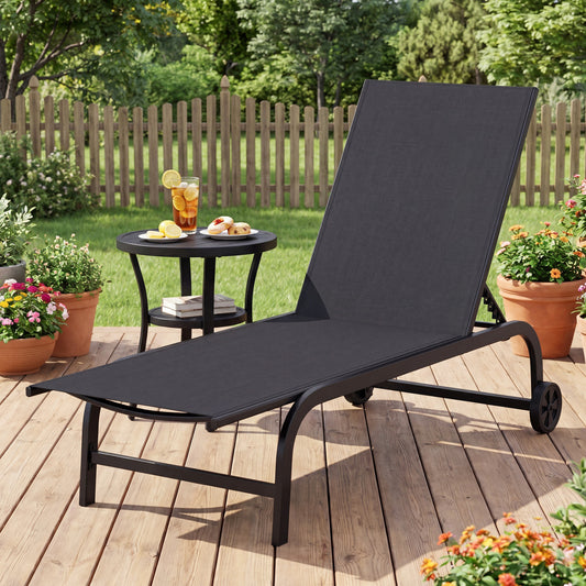 Outdoor Chaise Lounge Chair With Wheels, Metal Frame, Black Outdoor Chaise Lounges Black at Gallery Canada