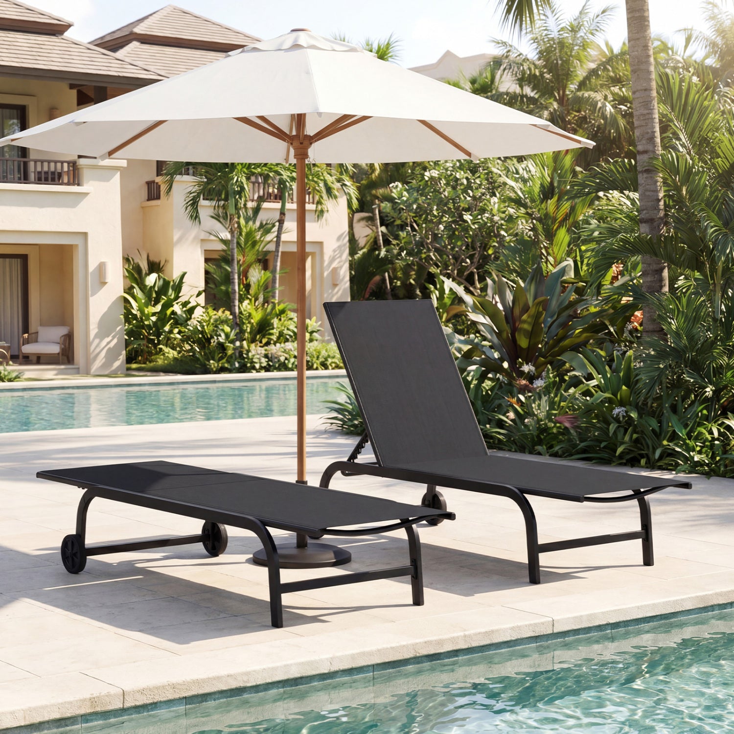 Outdoor Chaise Lounge Chair With Wheels, Metal Frame, Black Outdoor Chaise Lounges at Gallery Canada