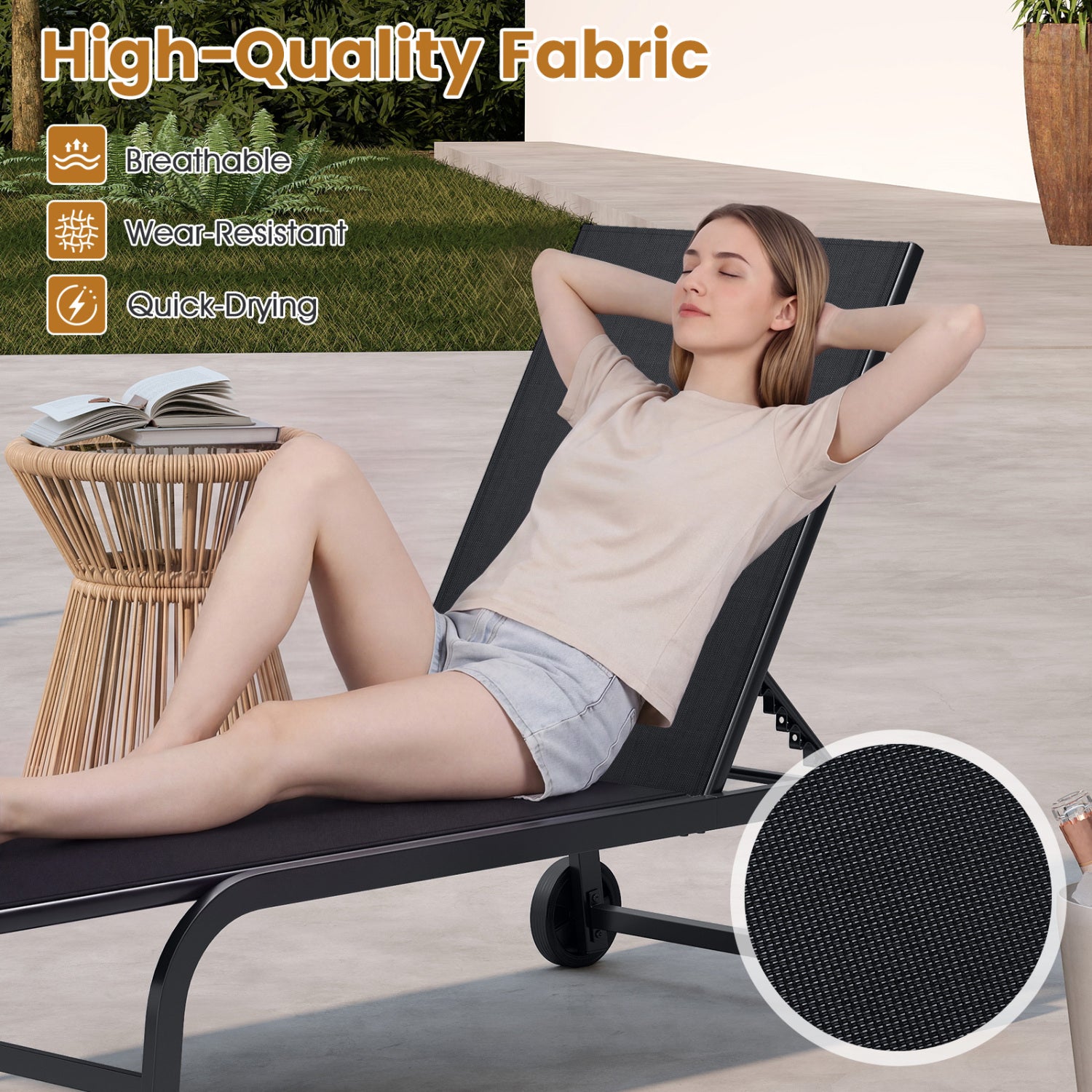 Outdoor Chaise Lounge Chair With Wheels, Metal Frame, Black Outdoor Chaise Lounges at Gallery Canada