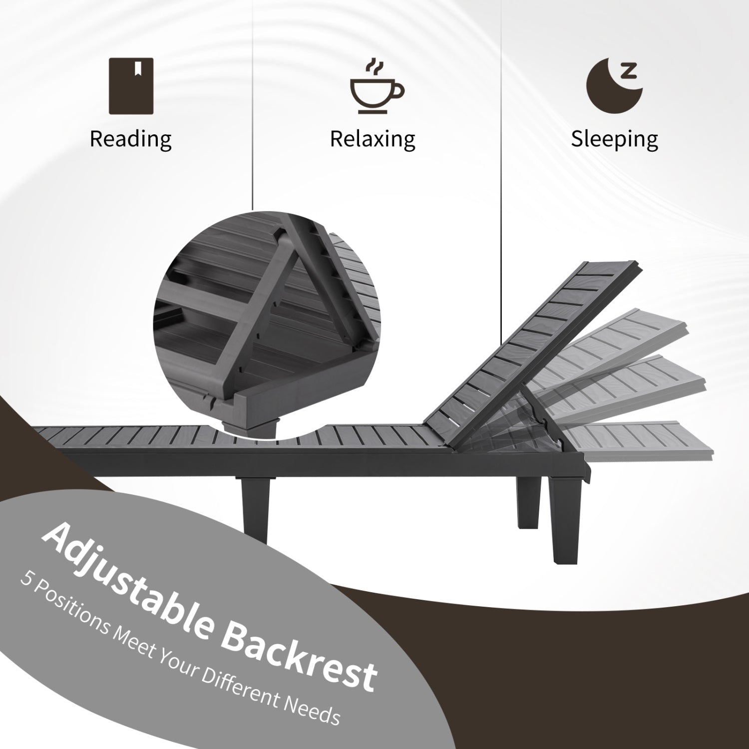 Outdoor Chaise Lounge Chair with 5 Positions Adjustable Backrest-Grey, Gray Outdoor Chaise Lounges at Gallery Canada