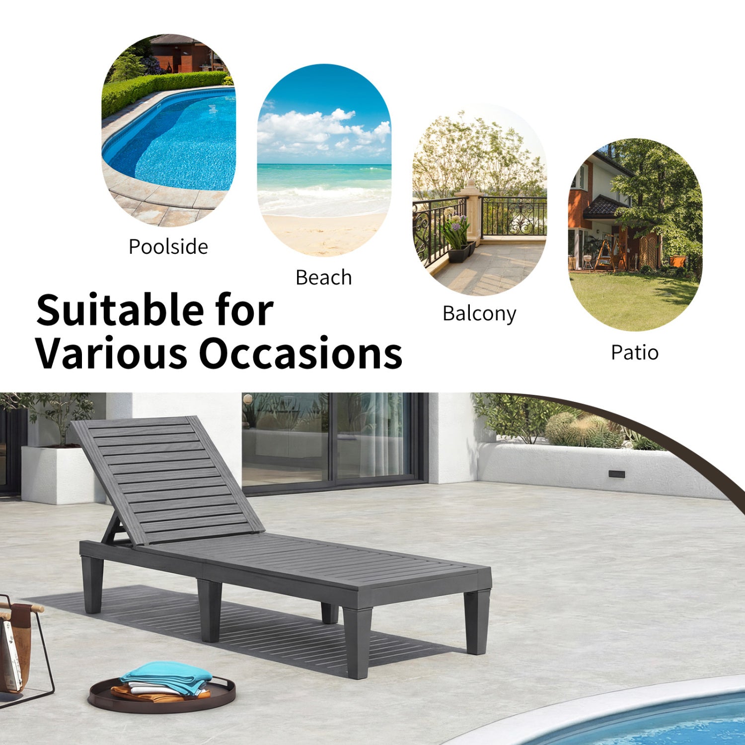 Outdoor Chaise Lounge Chair with 5 Positions Adjustable Backrest-Grey, Gray Outdoor Chaise Lounges at Gallery Canada