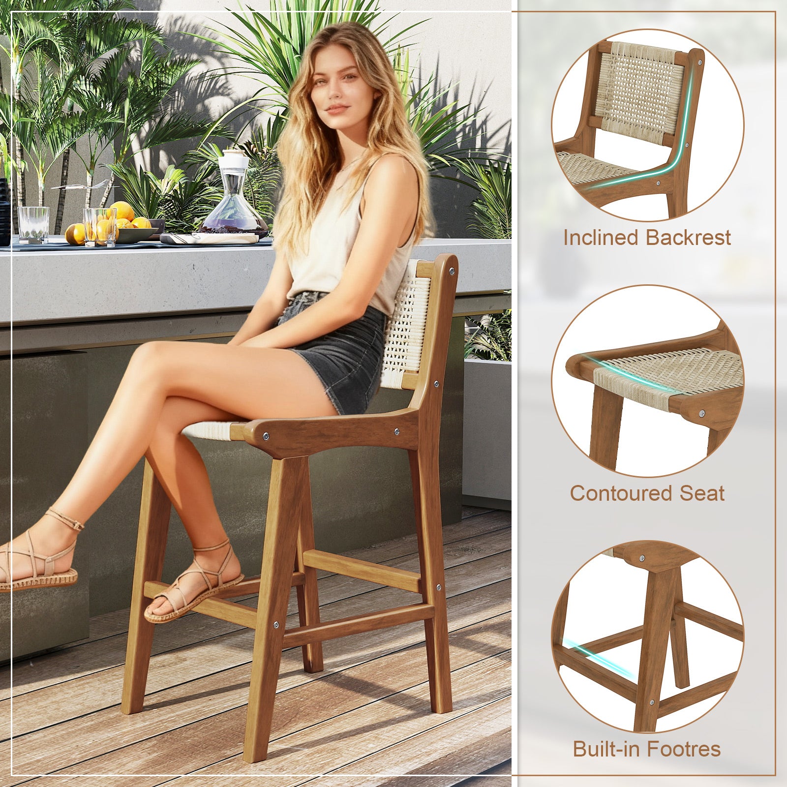 Outdoor Counter Height Bar Stool with Teak Wood Frame Patio Dining Chairs at Gallery Canada