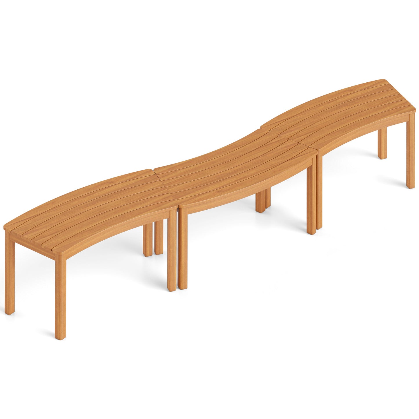 Outdoor Curved Acacia Wood Bench Set, 3, Natural Outdoor Benches Natural at Gallery Canada