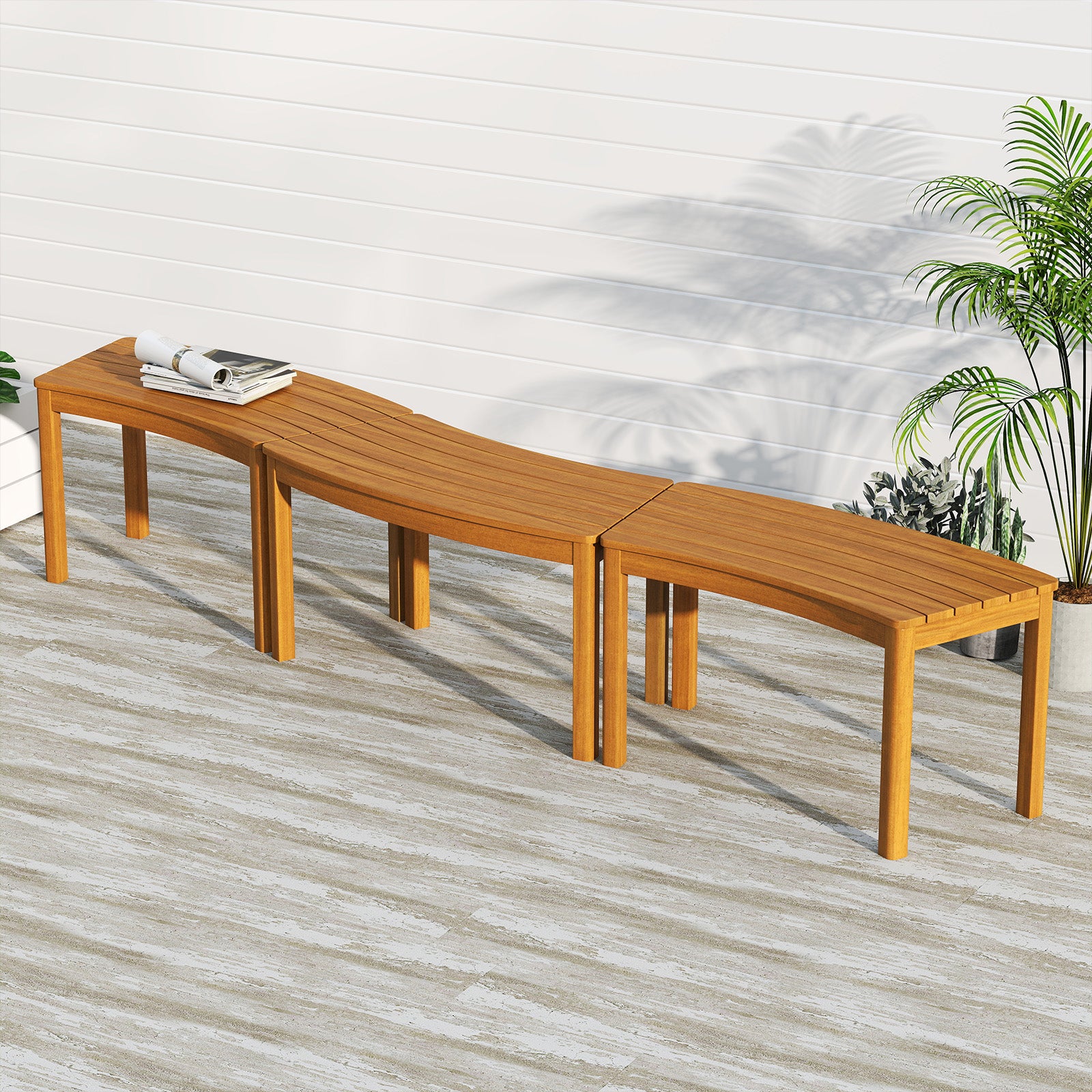 Outdoor Curved Acacia Wood Bench Set of 2/3/4 for Front Porch-3, Natural Outdoor Benches at Gallery Canada