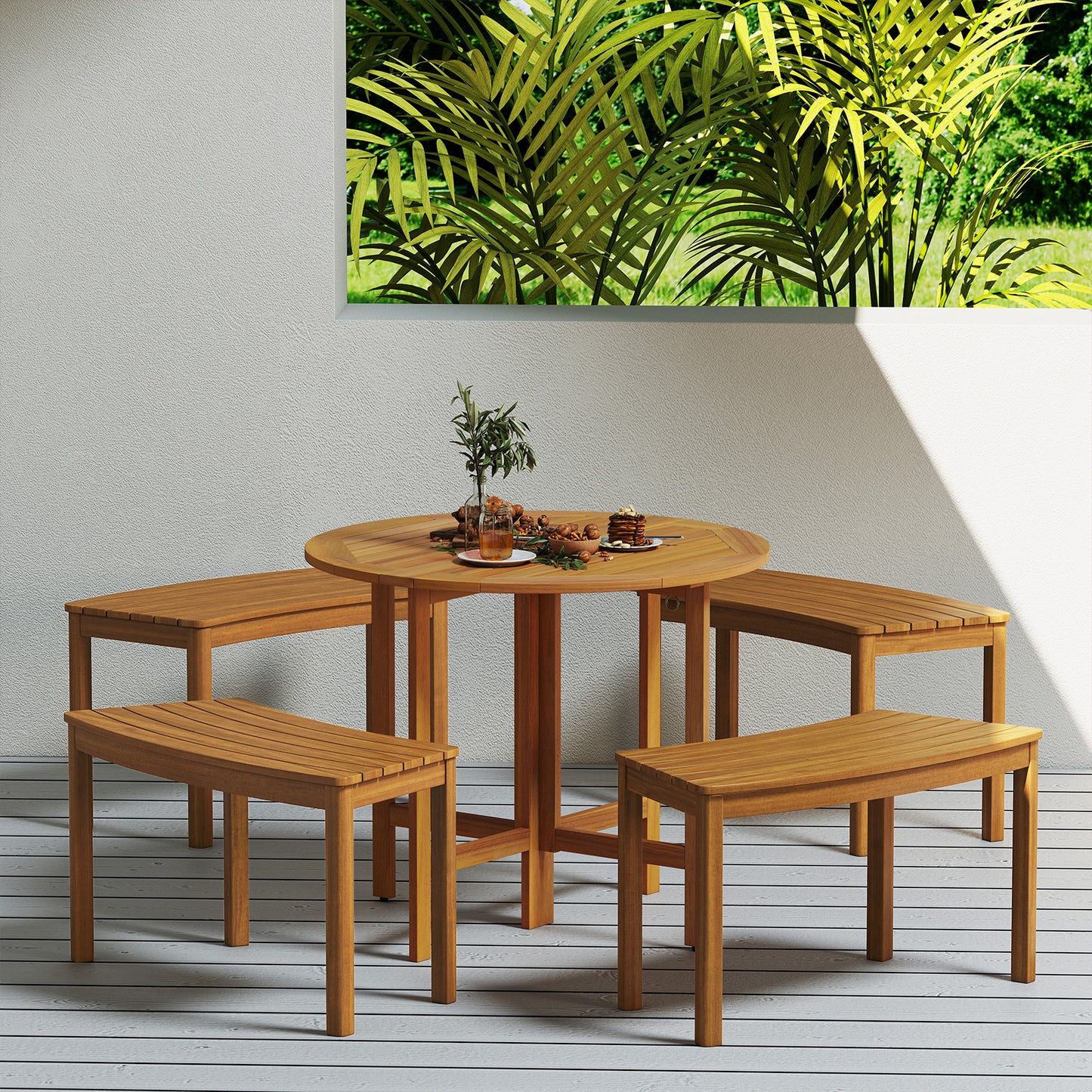 Outdoor Curved Acacia Wood Bench Set of 2/3/4 for Front Porch-4, Natural Outdoor Benches at Gallery Canada