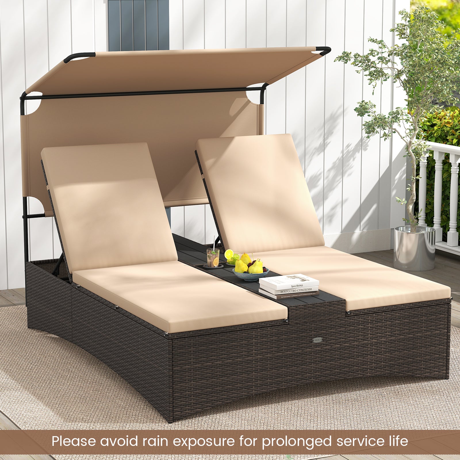 Outdoor Daybed with Adjustable Backrests 2-Person PE Rattan Patio Bed, Brown Outdoor Chaise Lounges at Gallery Canada