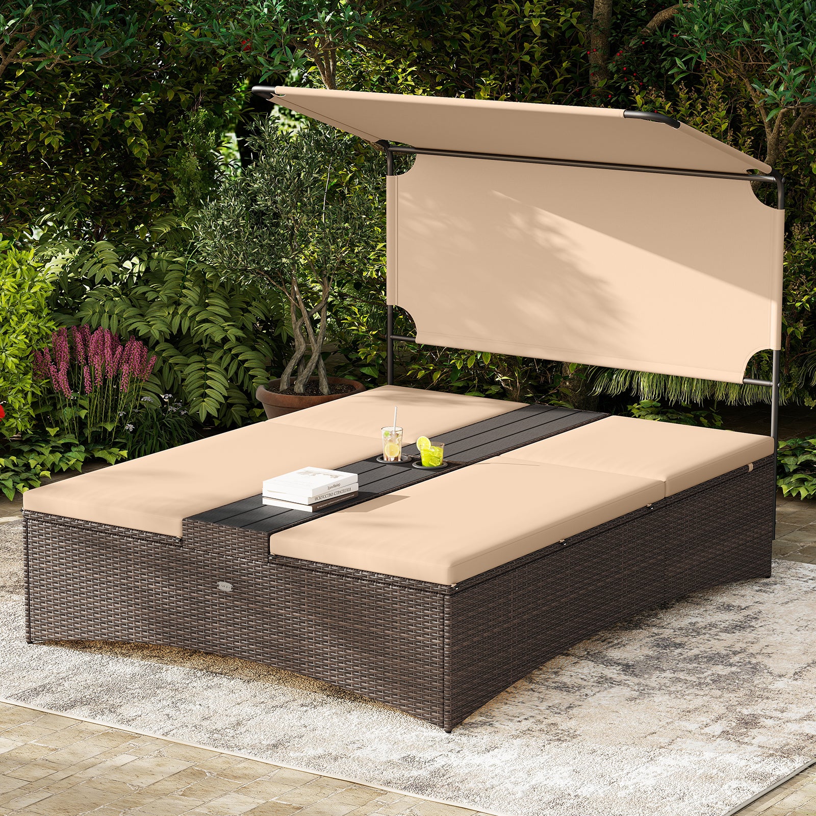 Outdoor Daybed with Adjustable Backrests 2-Person PE Rattan Patio Bed, Brown Outdoor Chaise Lounges at Gallery Canada
