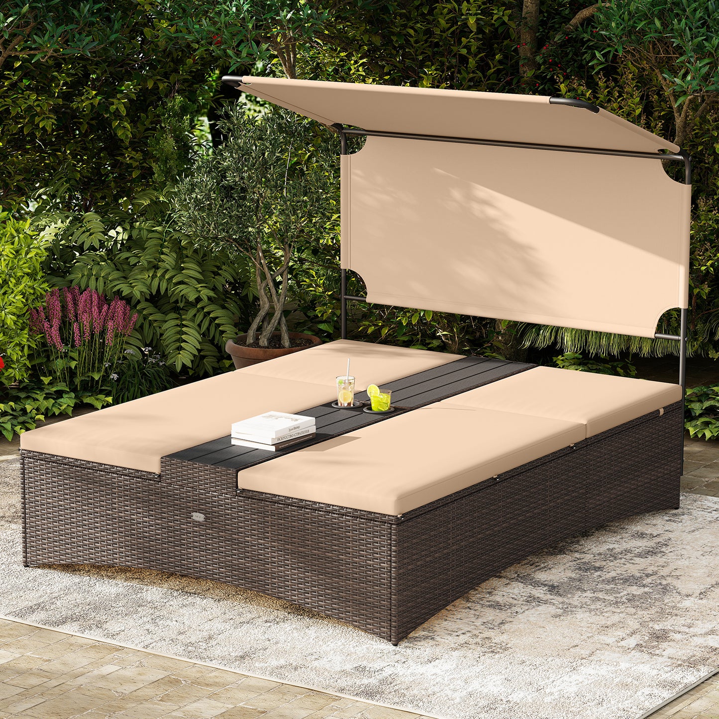 Outdoor Daybed with Adjustable Backrests 2-Person PE Rattan Patio Bed, Brown Outdoor Chaise Lounges at Gallery Canada