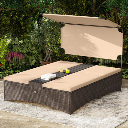 Outdoor Daybed with Adjustable Backrests 2-Person PE Rattan Patio Bed, Brown Outdoor Chaise Lounges at Gallery Canada