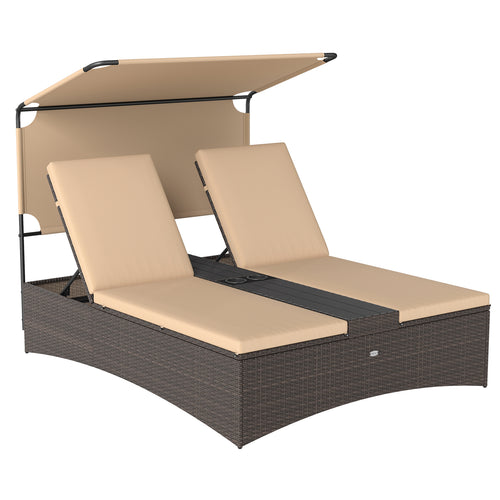 Outdoor Daybed, Adjustable Backrest, 2-Person PE Rattan Patio Bed, Brown