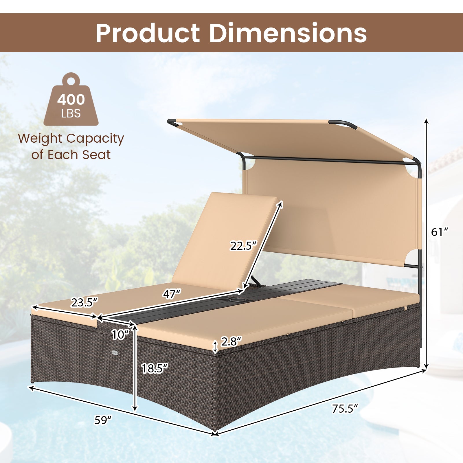 Outdoor Daybed with Adjustable Backrests 2-Person PE Rattan Patio Bed, Brown Outdoor Chaise Lounges at Gallery Canada
