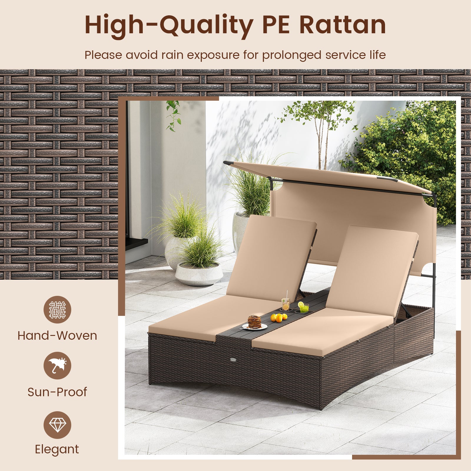 Outdoor Daybed with Adjustable Backrests 2-Person PE Rattan Patio Bed, Brown Outdoor Chaise Lounges at Gallery Canada