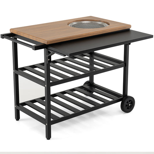 Outdoor Dining Cart with BBQ Grill and Folding Side Panel