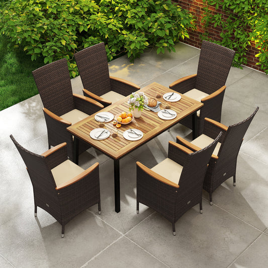 Outdoor Dining Set for 6 Patio Wicker Armchairs and Acacia Wood Table