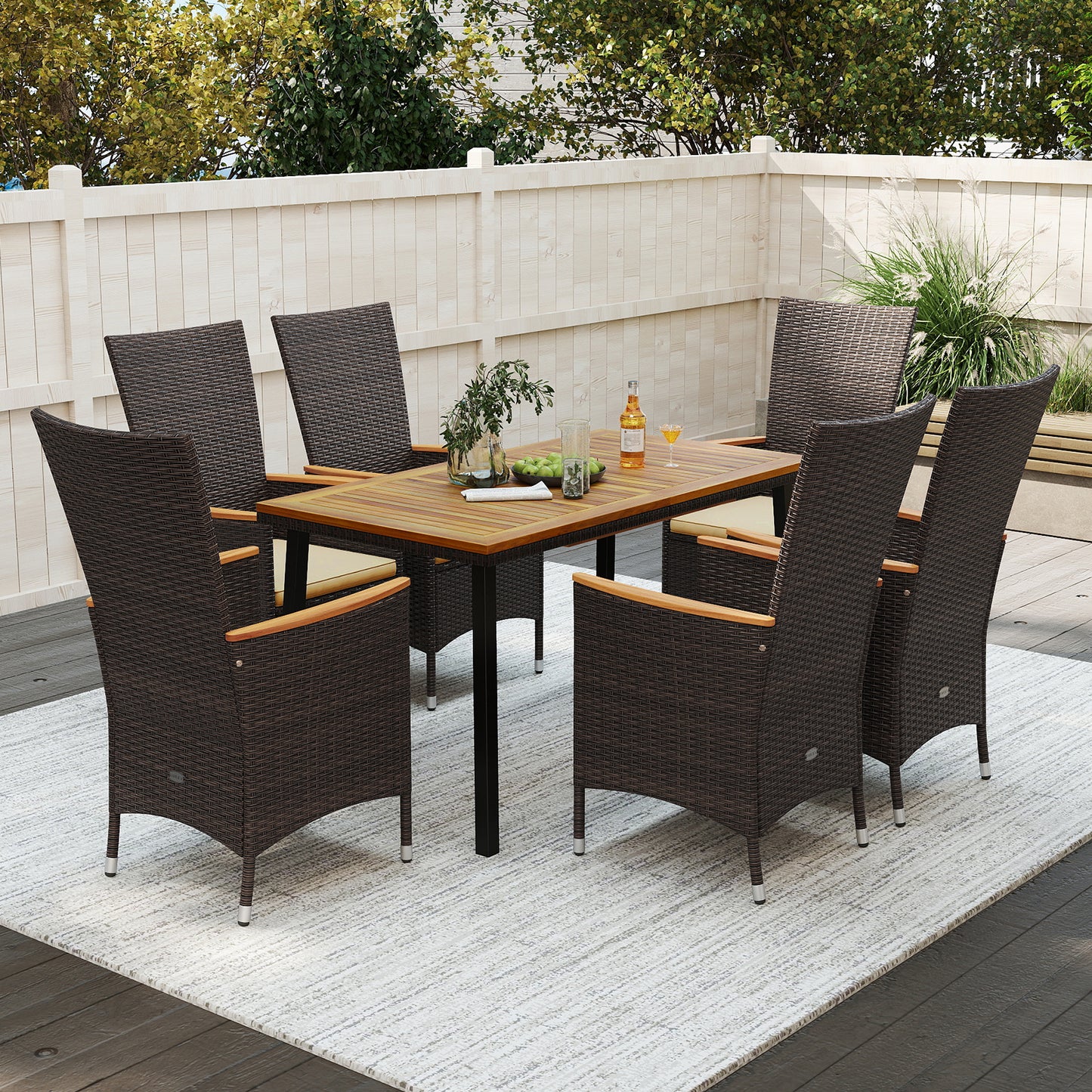 Outdoor Dining Set for 6 Patio Wicker Armchairs and Acacia Wood Table