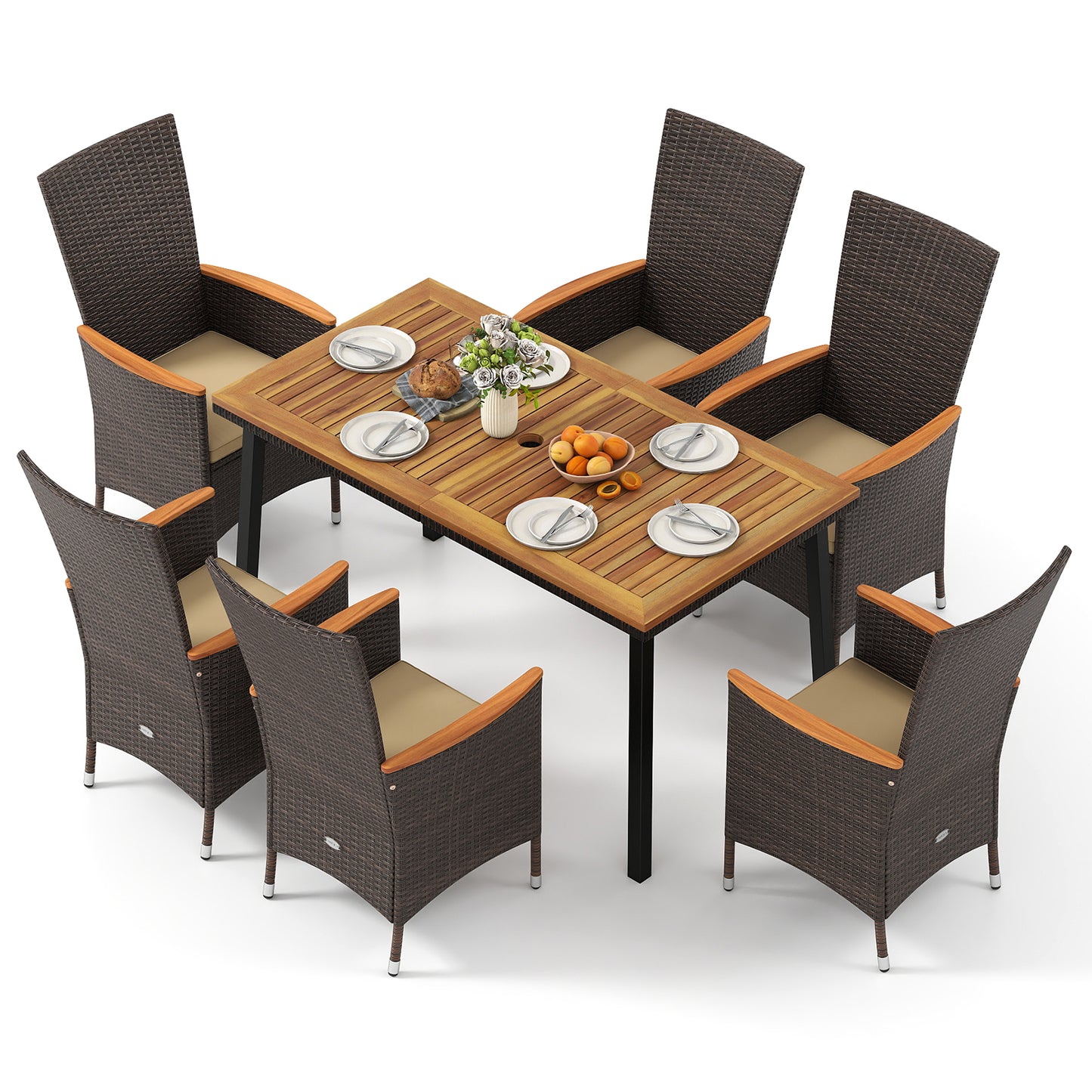 Outdoor Dining Set for 6 Patio Wicker Armchairs and Acacia Wood Table