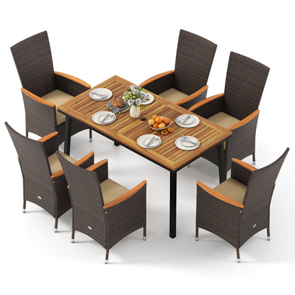 Outdoor Dining Set for 6 Patio Wicker Armchairs and Acacia Wood Table