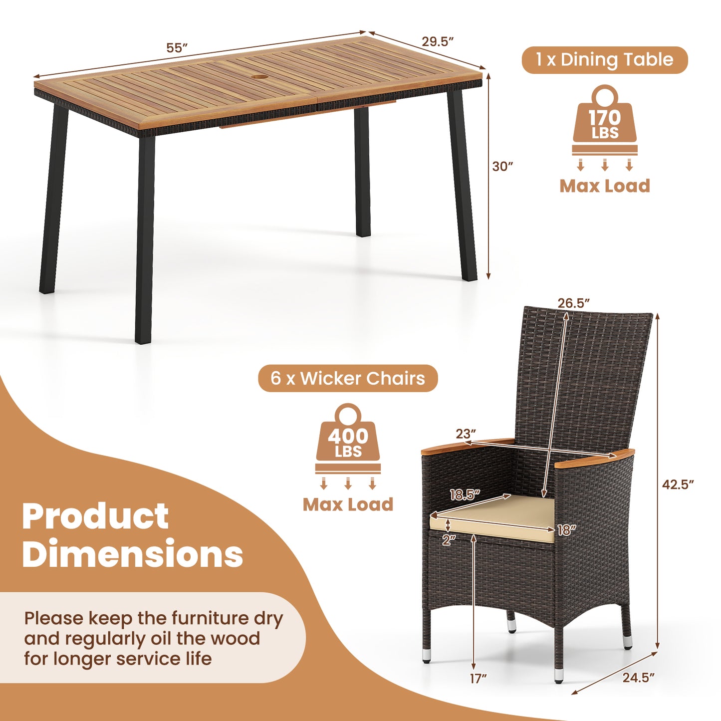 Outdoor Dining Set for 6 Patio Wicker Armchairs and Acacia Wood Table
