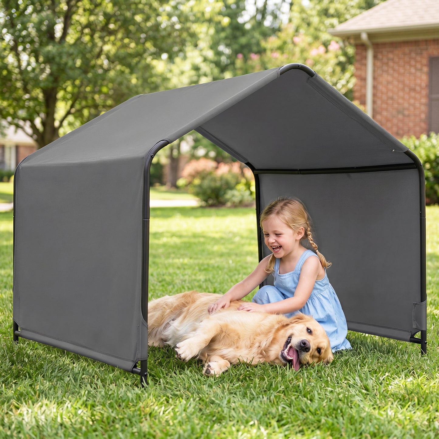Abri d'ombre pour chien, toit imperméable, piquets de sol, gris