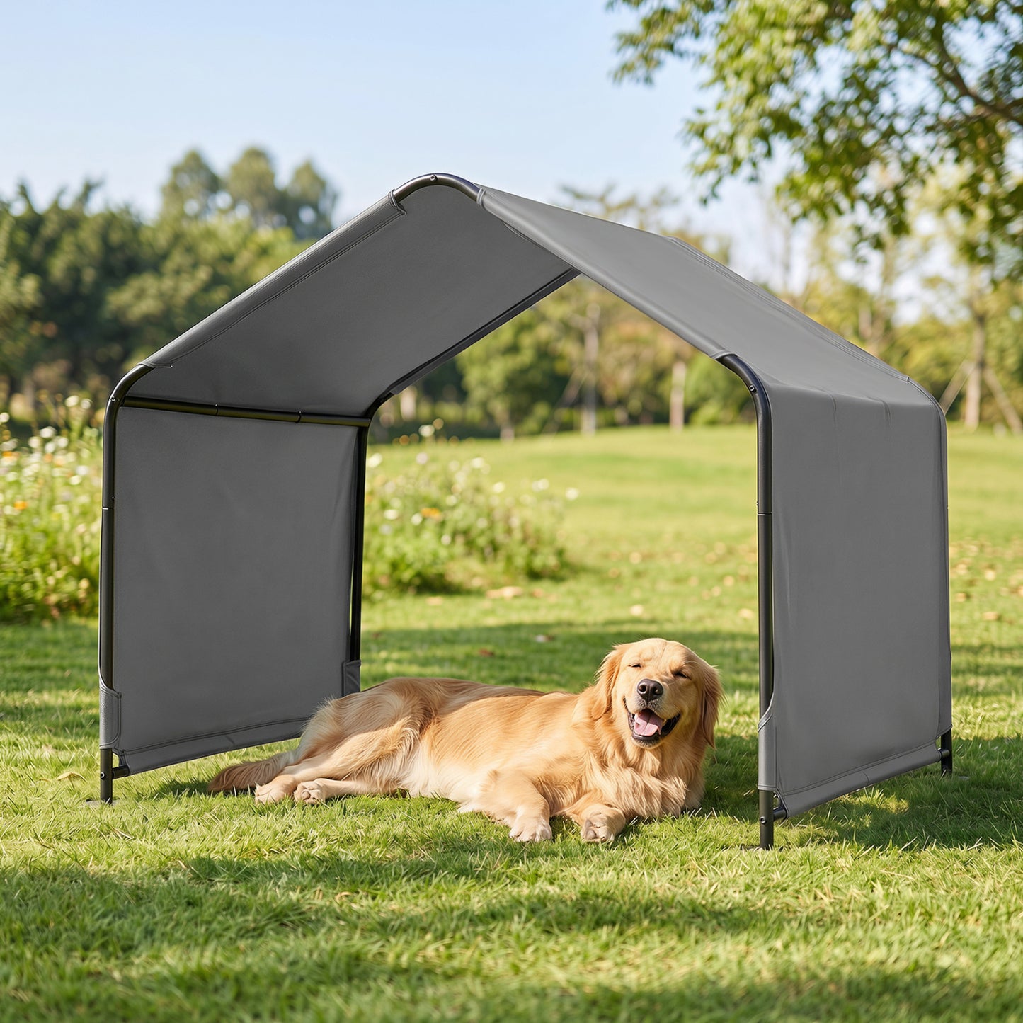 Abri d'ombre pour chien, toit imperméable, piquets de sol, gris