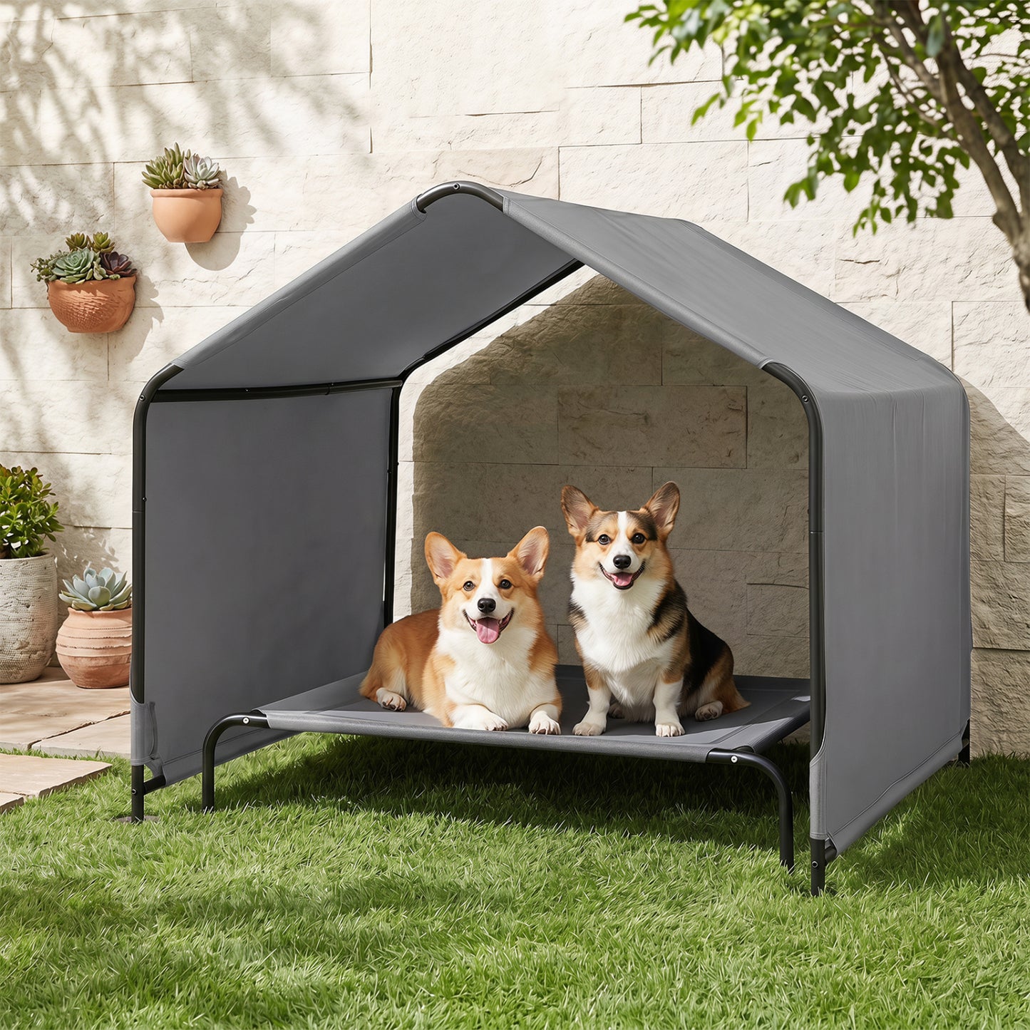 Abri d'ombre pour chien, toit imperméable, piquets de sol, gris