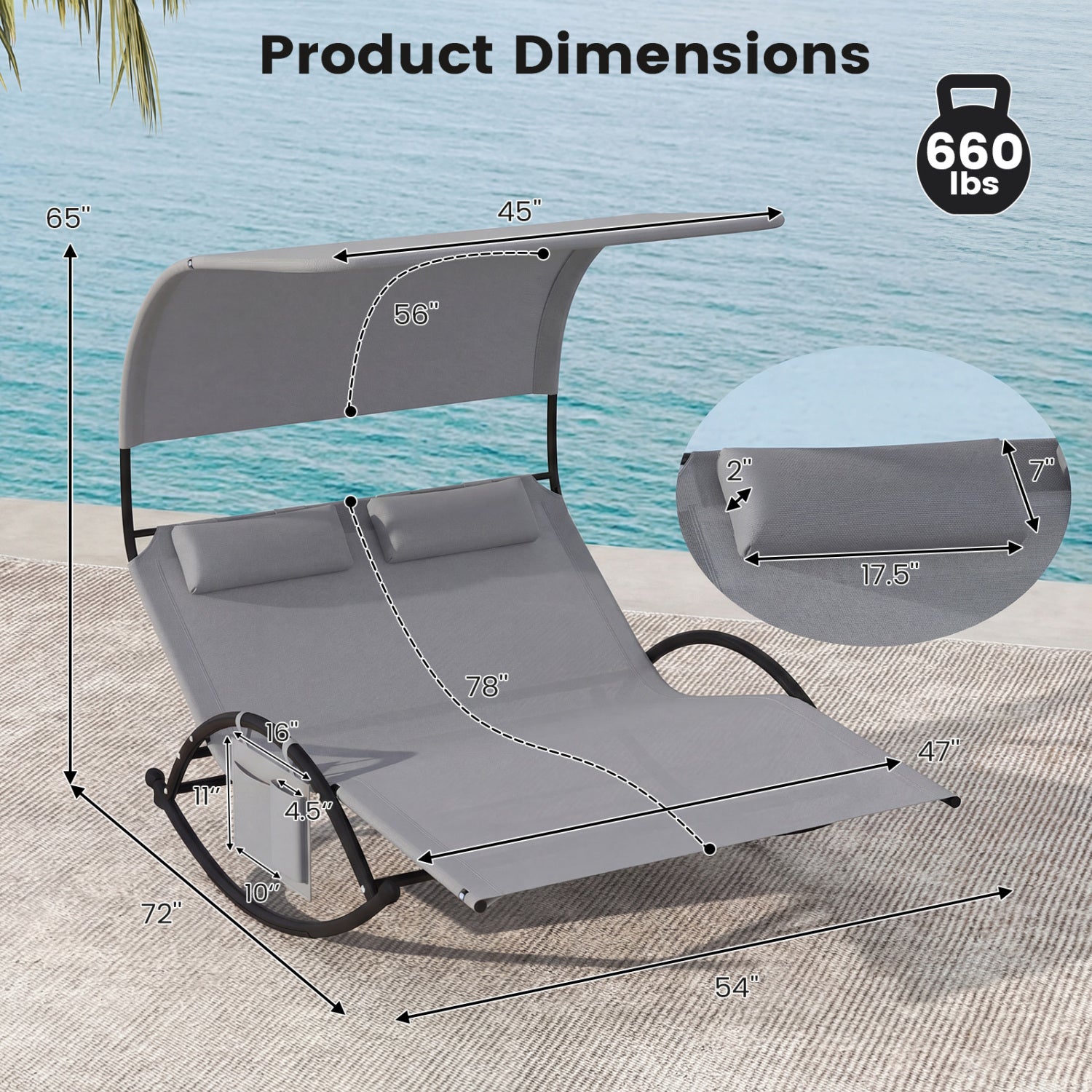 Outdoor Dual Rocker Sunbed, 2-Person Canopied Patio Lounger, Gray Patio Rocking Chairs & Gliders at Gallery Canada
