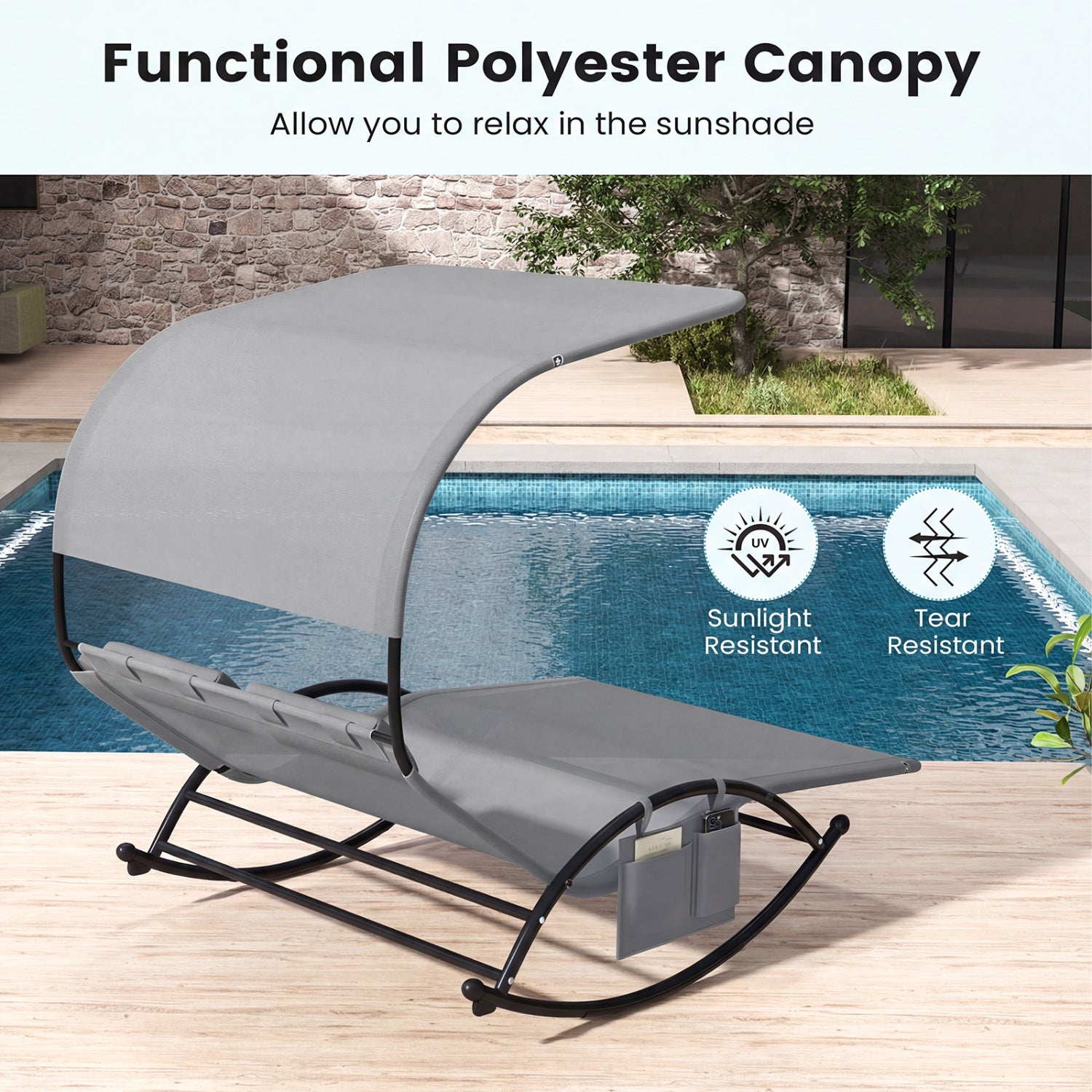 Outdoor Dual Rocker Sunbed, 2-Person Canopied Patio Lounger, Gray Patio Rocking Chairs & Gliders at Gallery Canada