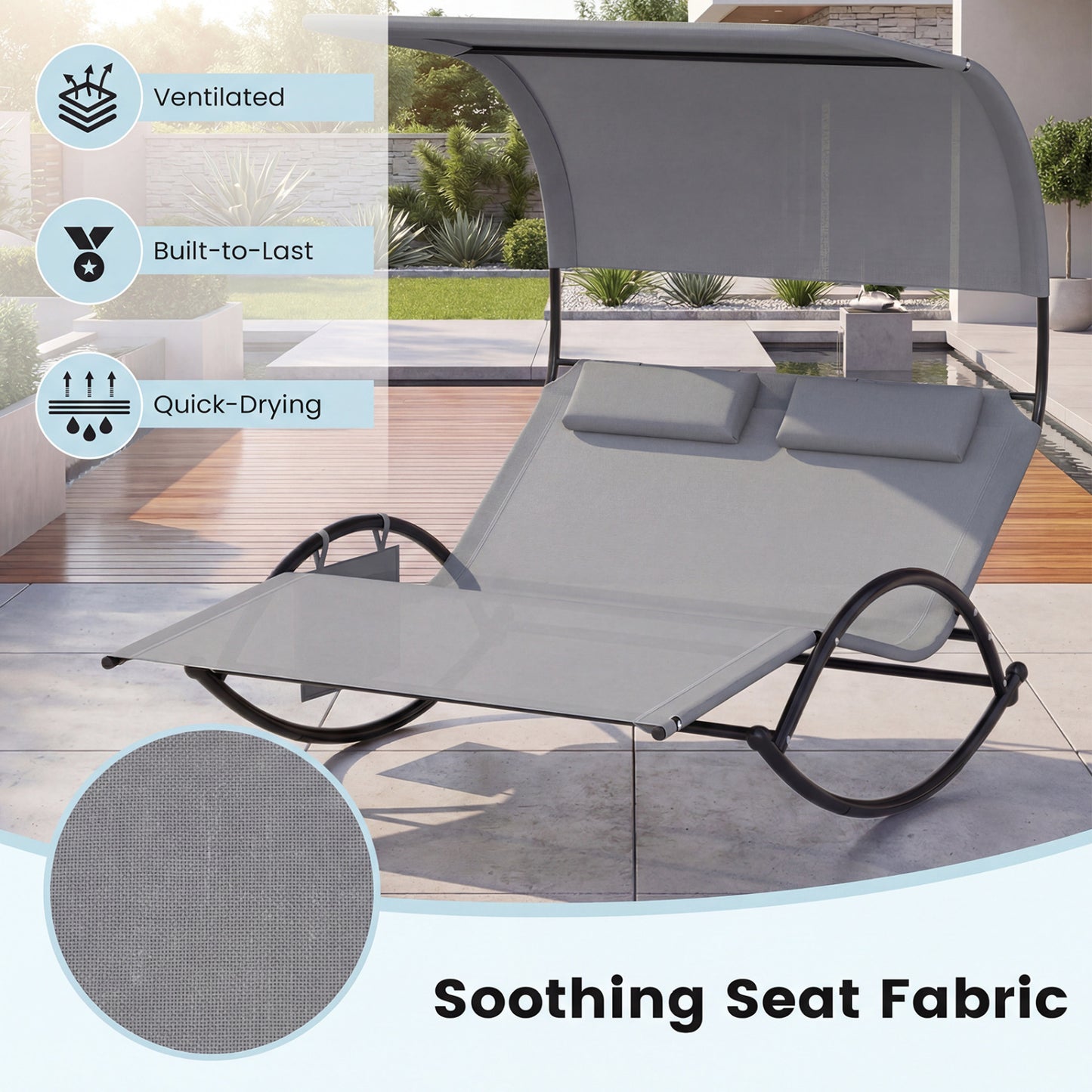 Outdoor Dual Rocker Sunbed, 2-Person Canopied Patio Lounger, Gray Patio Rocking Chairs & Gliders at Gallery Canada