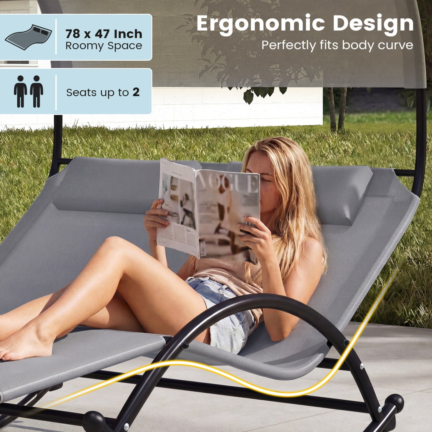 Outdoor Dual Rocker Sunbed, 2-Person Canopied Patio Lounger, Gray Patio Rocking Chairs & Gliders at Gallery Canada