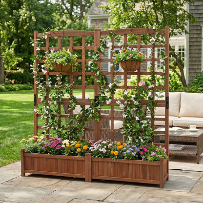 Dual Wooden Raised Garden Bed with Trellis, Rustic Brown