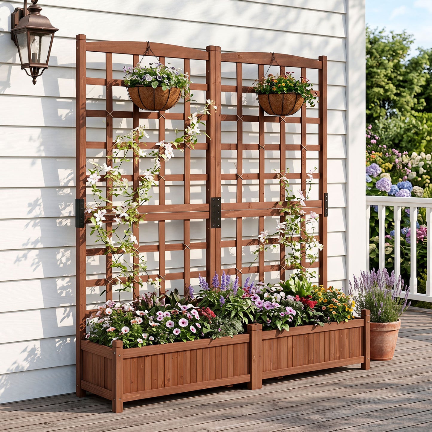Dual Wooden Raised Garden Bed with Trellis, Rustic Brown
