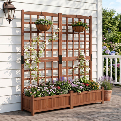 Dual Wooden Raised Garden Bed with Trellis, Rustic Brown