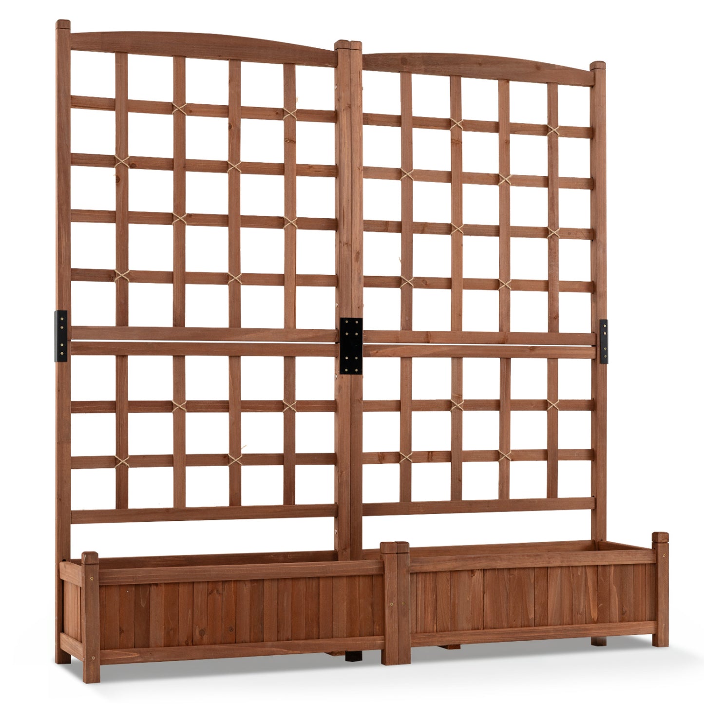Dual Wooden Raised Garden Bed with Trellis, Rustic Brown