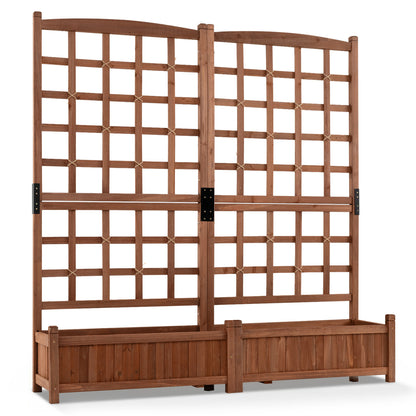 Dual Wooden Raised Garden Bed with Trellis, Rustic Brown