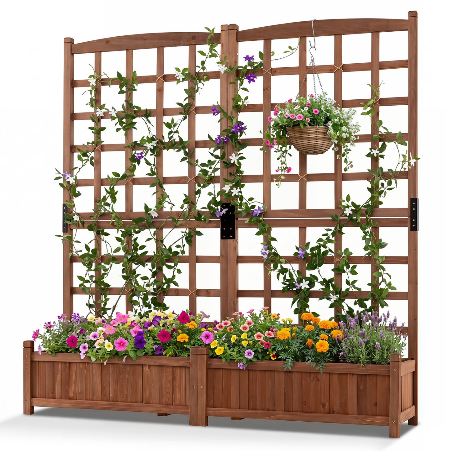 Dual Wooden Raised Garden Bed with Trellis, Rustic Brown