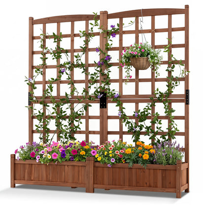 Dual Wooden Raised Garden Bed with Trellis, Rustic Brown