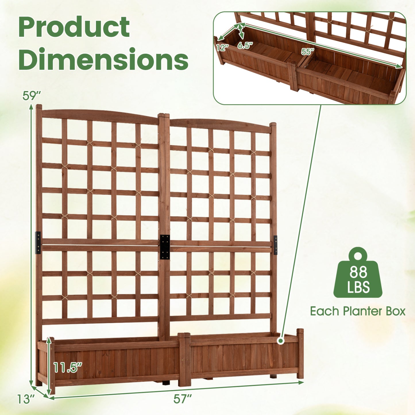 Dual Wooden Raised Garden Bed with Trellis, Rustic Brown