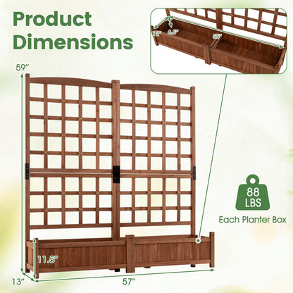 Dual Wooden Raised Garden Bed with Trellis, Rustic Brown