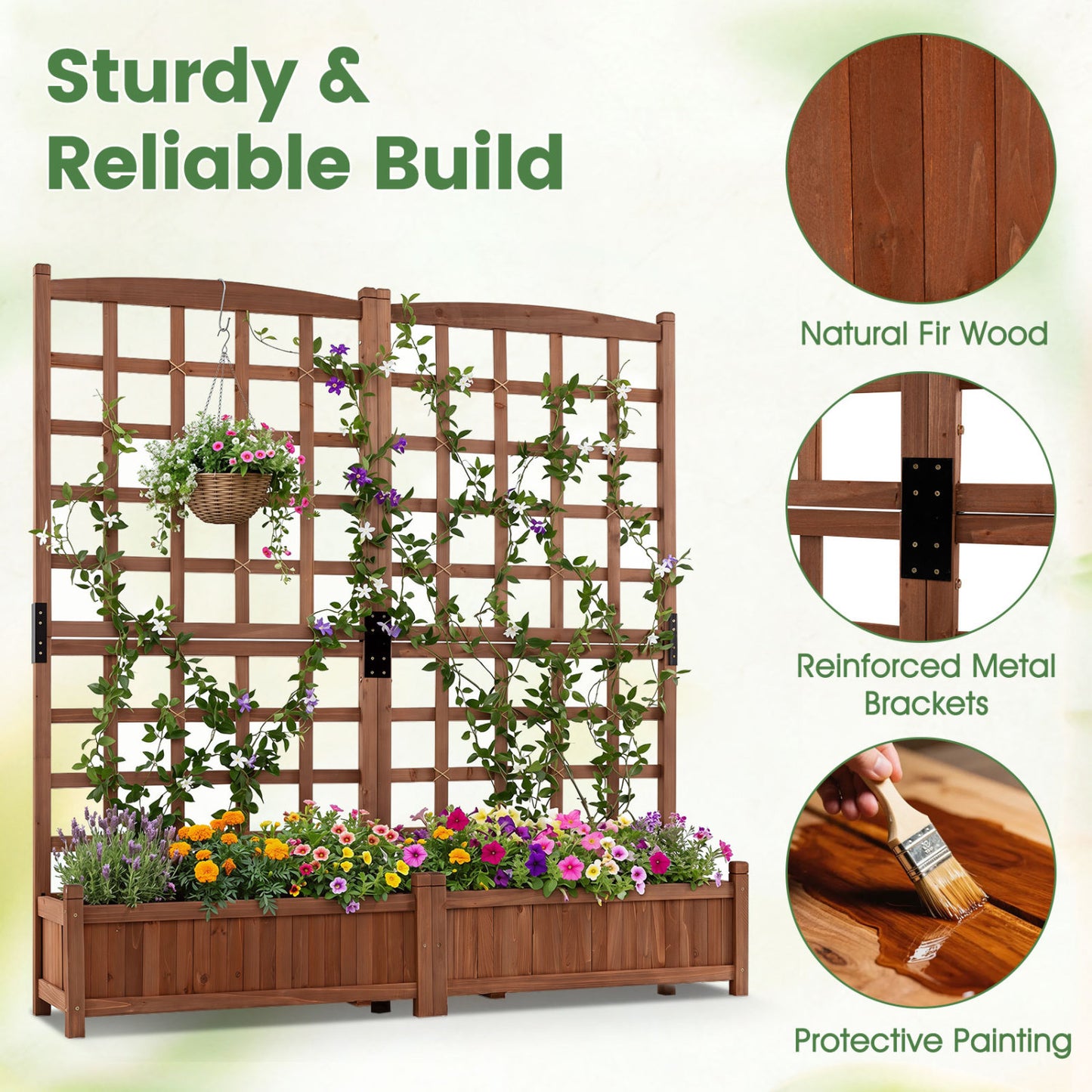 Dual Wooden Raised Garden Bed with Trellis, Rustic Brown