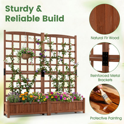 Dual Wooden Raised Garden Bed with Trellis, Rustic Brown