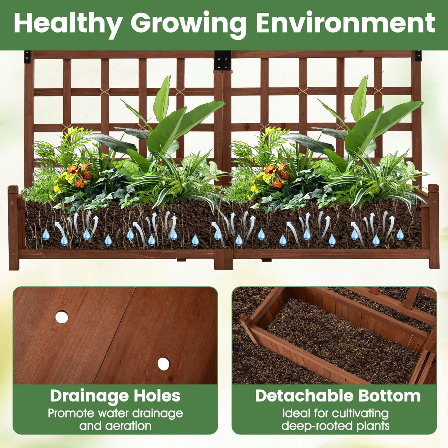 Dual Wooden Raised Garden Bed with Trellis, Rustic Brown