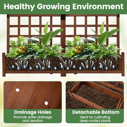 Dual Wooden Raised Garden Bed with Trellis, Rustic Brown