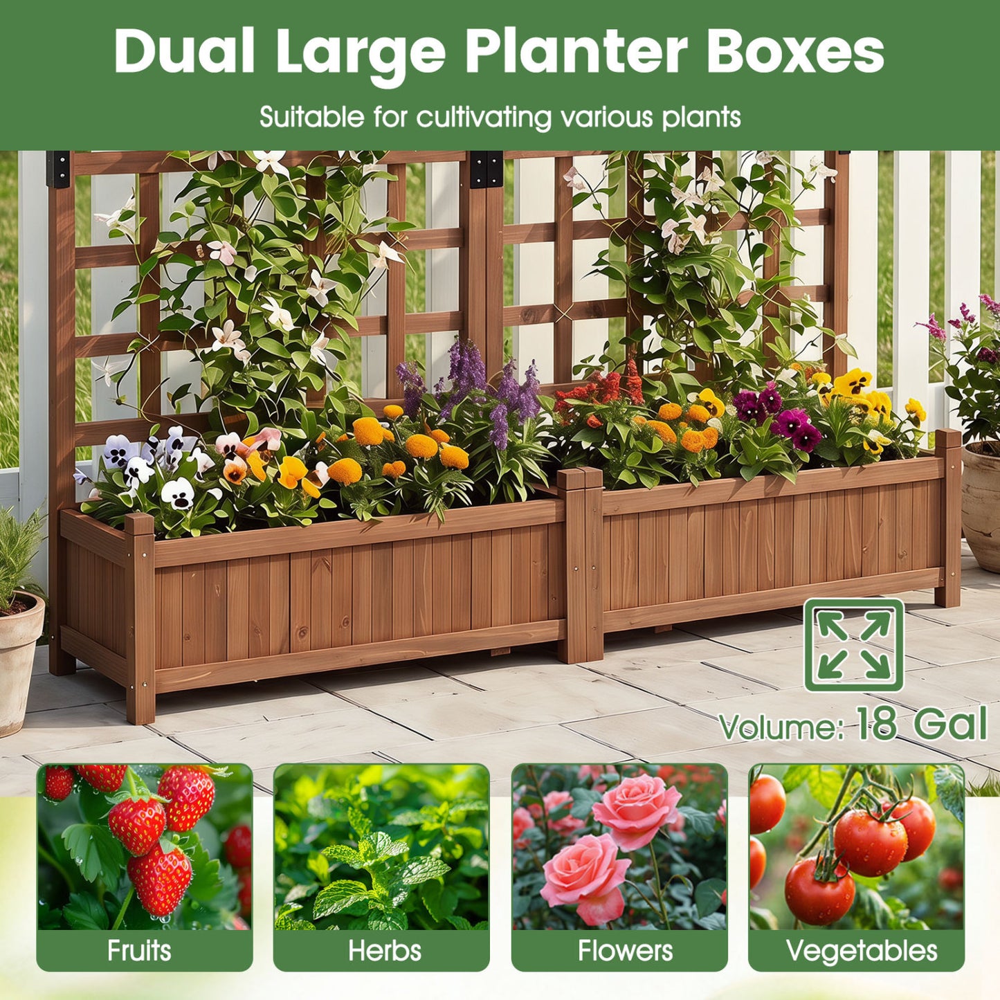 Dual Wooden Raised Garden Bed with Trellis, Rustic Brown